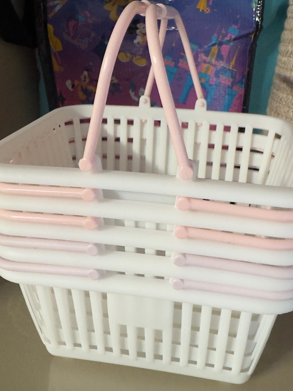 5 Mini White and Pink Plastic Storage Basket with Handles